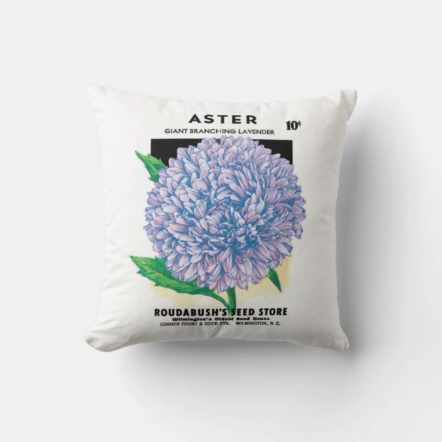 Vintage Seed Packet Art, Purple Aster Flowers Cushion (Front)
