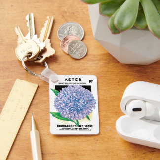Vintage Seed Packet Art, Purple Aster Flowers Key Ring