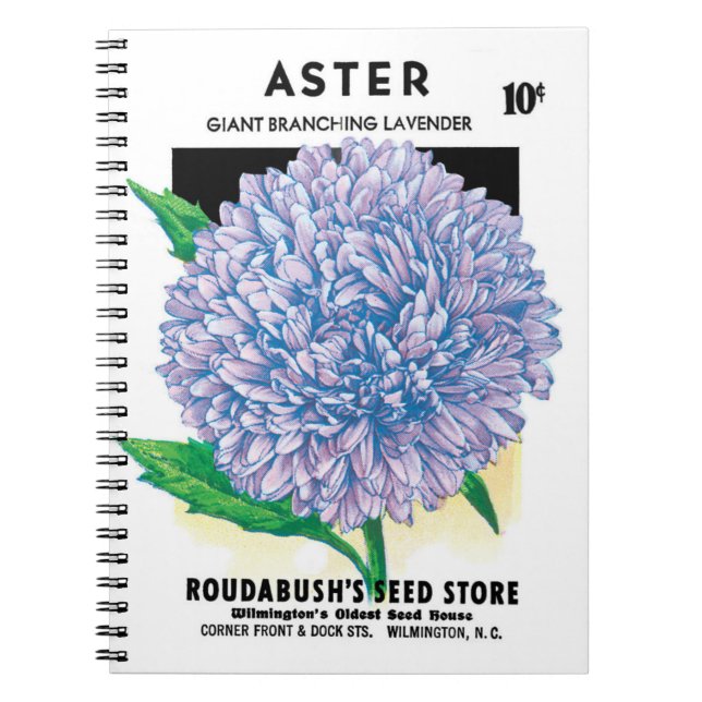 Vintage Seed Packet Art, Purple Aster Flowers Notebook (Front)