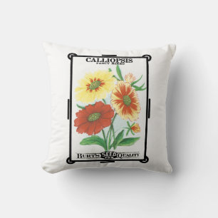 Vintage Seed Packet Label Art, Calliopsis Flowers Cushion