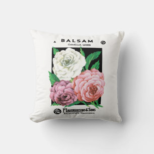 Vintage Seed Packet Label Art, Camellia Flowers Cushion