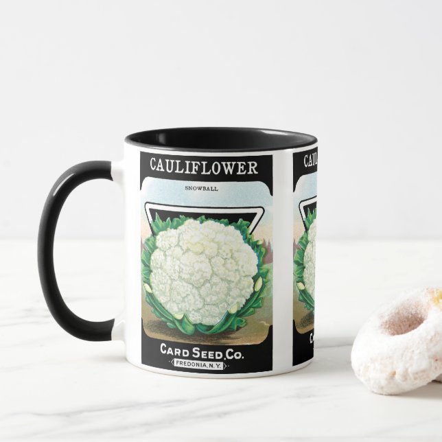 Vintage Seed Packet Label Art, Cauliflower Veggies Mug (With Donut)