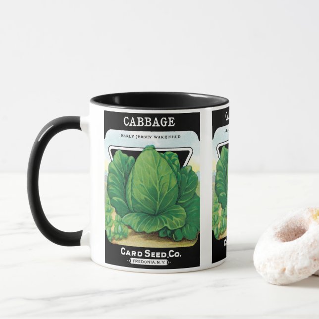 Vintage Seed Packet Label Art, Green Cabbage Mug (With Donut)