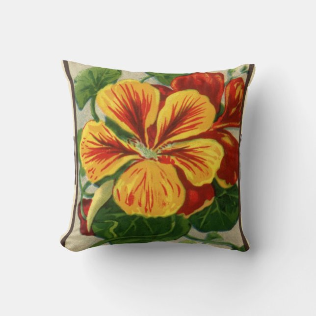 Vintage Seed Packet Label Art, Nasturtium Flowers Cushion (Front)
