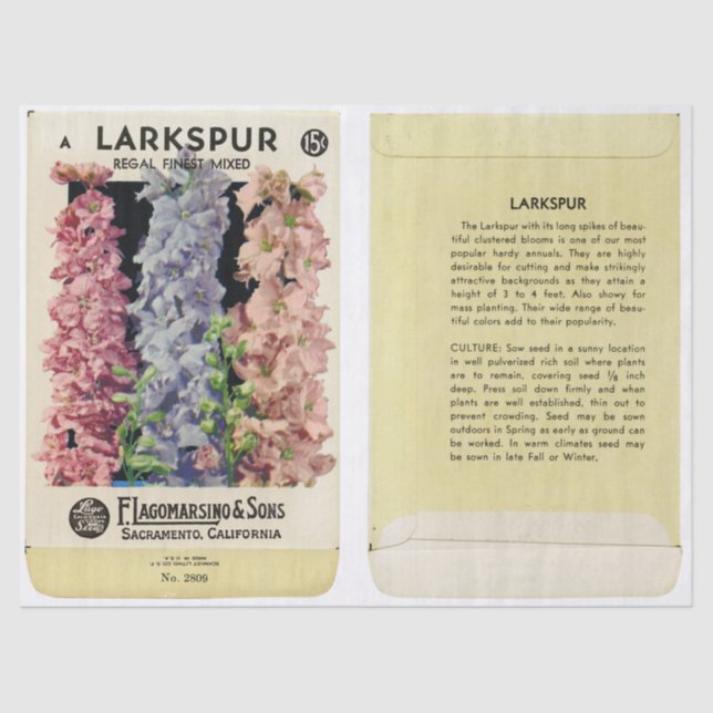 Vintage Seed Packet Larkspur and Instructions Tissue Paper (Front)