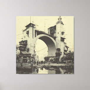 Vintage Sepia Arch Bridge River Market Canvas Print