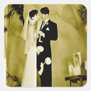 Vintage Sepia Art Deco Wedding Square Sticker