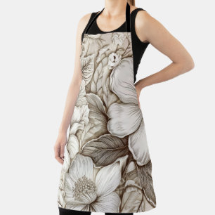 Vintage Sepia Botanical Floral Engraving Ivory Apron