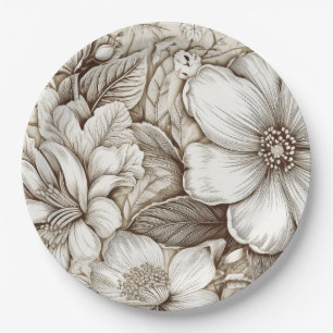 Vintage Sepia Botanical Floral Engraving Ivory Paper Plate