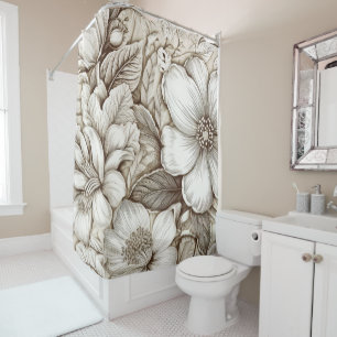 Vintage Sepia Botanical Floral Engraving Ivory Shower Curtain
