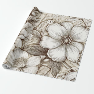 Vintage Sepia Botanical Floral Engraving Ivory Wrapping Paper