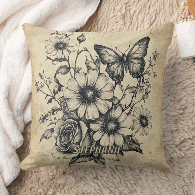 Vintage Sepia Butterfly Rose Daisy Bouquet Cushion (Blanket)