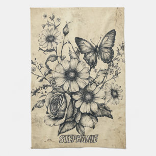 Vintage Sepia Butterfly Rose Daisy Bouquet Tea Towel