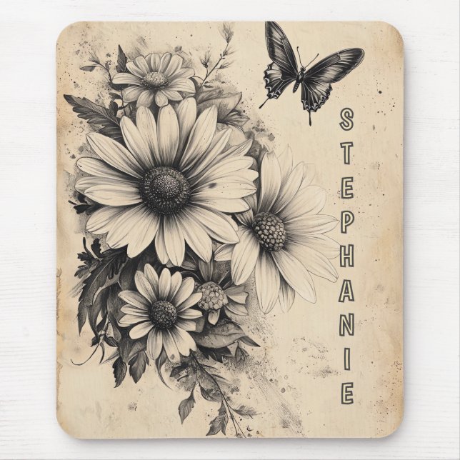 Vintage Sepia Daisy Butterfly Botanical Mouse Pad (Front)