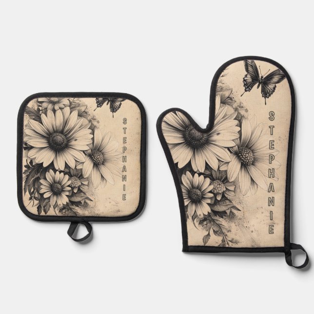 Vintage Sepia Daisy Butterfly Botanical Oven Mitt & Pot Holder Set (Front)