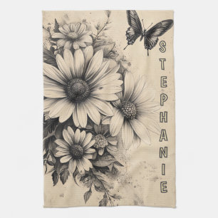 Vintage Sepia Daisy Butterfly Botanical Tea Towel
