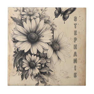 Vintage Sepia Daisy Butterfly Botanical Tile