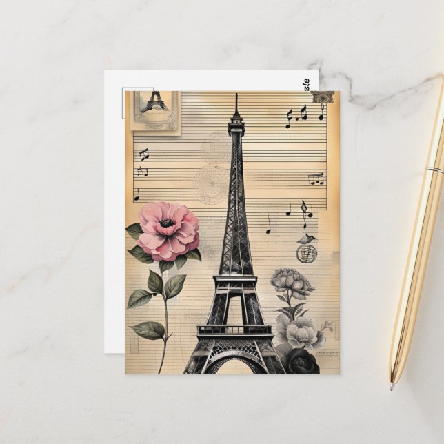 Vintage Sepia Eiffel Tower & Pink Flower Postcard (Front/Back In Situ)