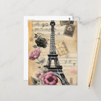Vintage Sepia Eiffel Tower & Pink Flowers