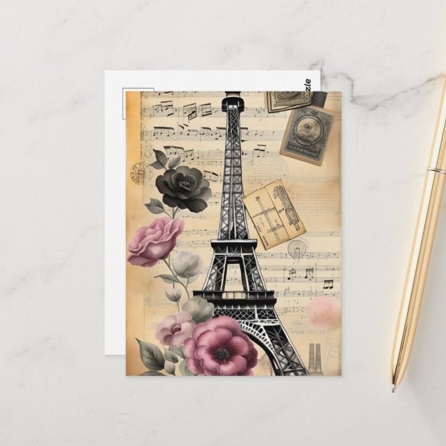 Vintage Sepia Eiffel Tower & Pink Flowers Postcard (Front/Back In Situ)