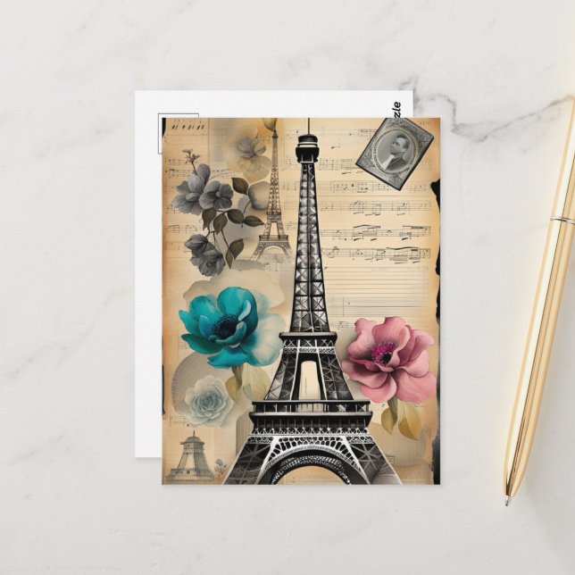 Vintage Sepia Eiffel Tower Postcard (Front/Back In Situ)