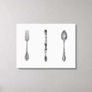 Vintage Sepia Fork Knife Spoon Kitchen Art Canvas Print