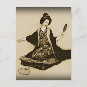 Vintage Sepia Japanese geisha looking with mirror Postcard