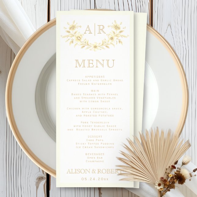 Vintage sepia monogram ivory wedding menu card (Creator Uploaded)