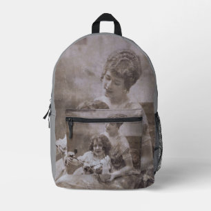 Vintage Sepia Mother & Child Portrait Printed Backpack