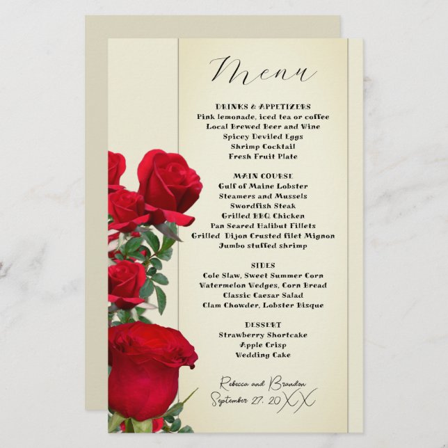 Vintage Sepia Red Roses Menu Template (Front/Back)