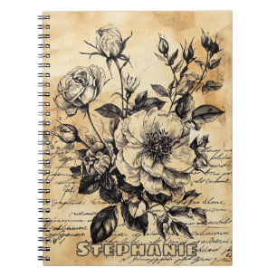 Vintage Sepia Rose Botanical Sketch Floral Script Notebook
