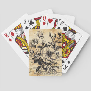 Vintage Sepia Rose Botanical Sketch Floral Script Playing Cards