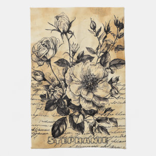 Vintage Sepia Rose Botanical Sketch Floral Script Tea Towel