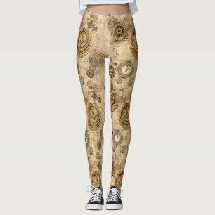 Vintage Sepia Steampunk Clocks and Mechanical Gear Leggings
