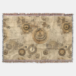 Vintage Sepia Steampunk Clocks and Mechanical Gear Throw Blanket