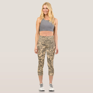 Vintage Sepia Tan Floral Botanical Pattern Capri Leggings