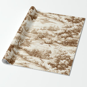 Vintage Sepia Thanksgiving Pumpkin Toile Pattern Wrapping Paper