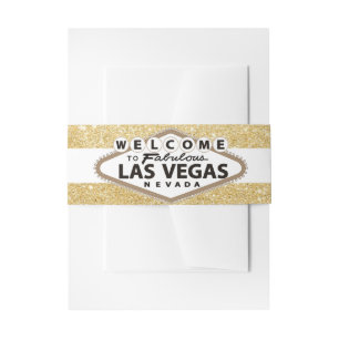 Vintage Sepia Vegas Sign on Glitter Gold Wedding Invitation Belly Band