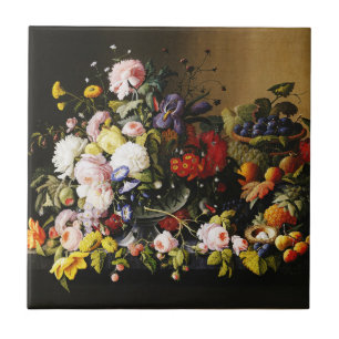 Vintage Severin Roesen Floral Fruit Still Life Tile