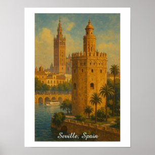 Vintage Seville Spain Travel Giralda & Torre Oro Poster