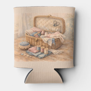 Vintage Sewing Basket Cottagecore Pastel Can Cooler