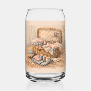 Vintage Sewing Basket Cottagecore Pastel Can Glass