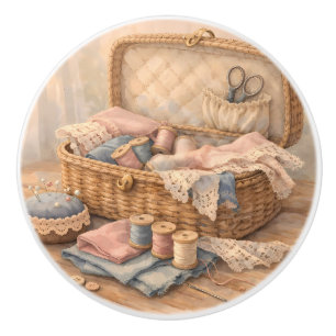Vintage Sewing Basket Cottagecore Pastel Ceramic Knob