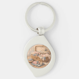 Vintage Sewing Basket Cottagecore Pastel Key Ring