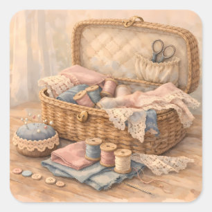 Vintage Sewing Basket Cottagecore Pastel Square Sticker