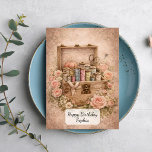 Vintage Sewing Box Card<br><div class="desc">A charming vintage-style illustration featuring an open wooden sewing box filled with colorful spools of thread,  scissors,  and sewing tools. Surrounded by soft pink roses and delicate flowers,  the composition is set against an aged,  textured background that enhances the nostalgic and shabby chic aesthetic.</div>