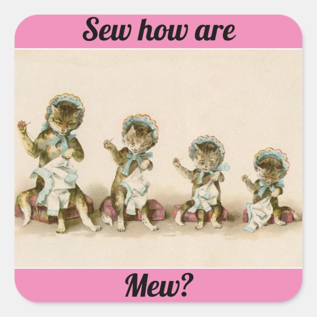 Vintage Sewing Kittens Square Sticker (Front)