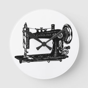 Vintage Sewing Machine Black and White Round Clock