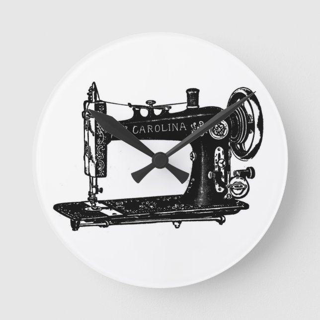 Vintage Sewing Machine Black and White Round Clock (Front)