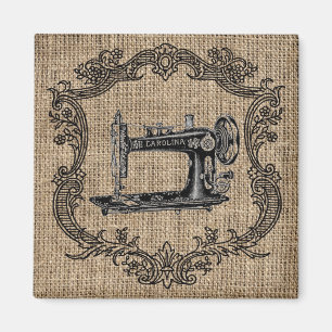 Vintage Sewing Machine Burlap Magnet